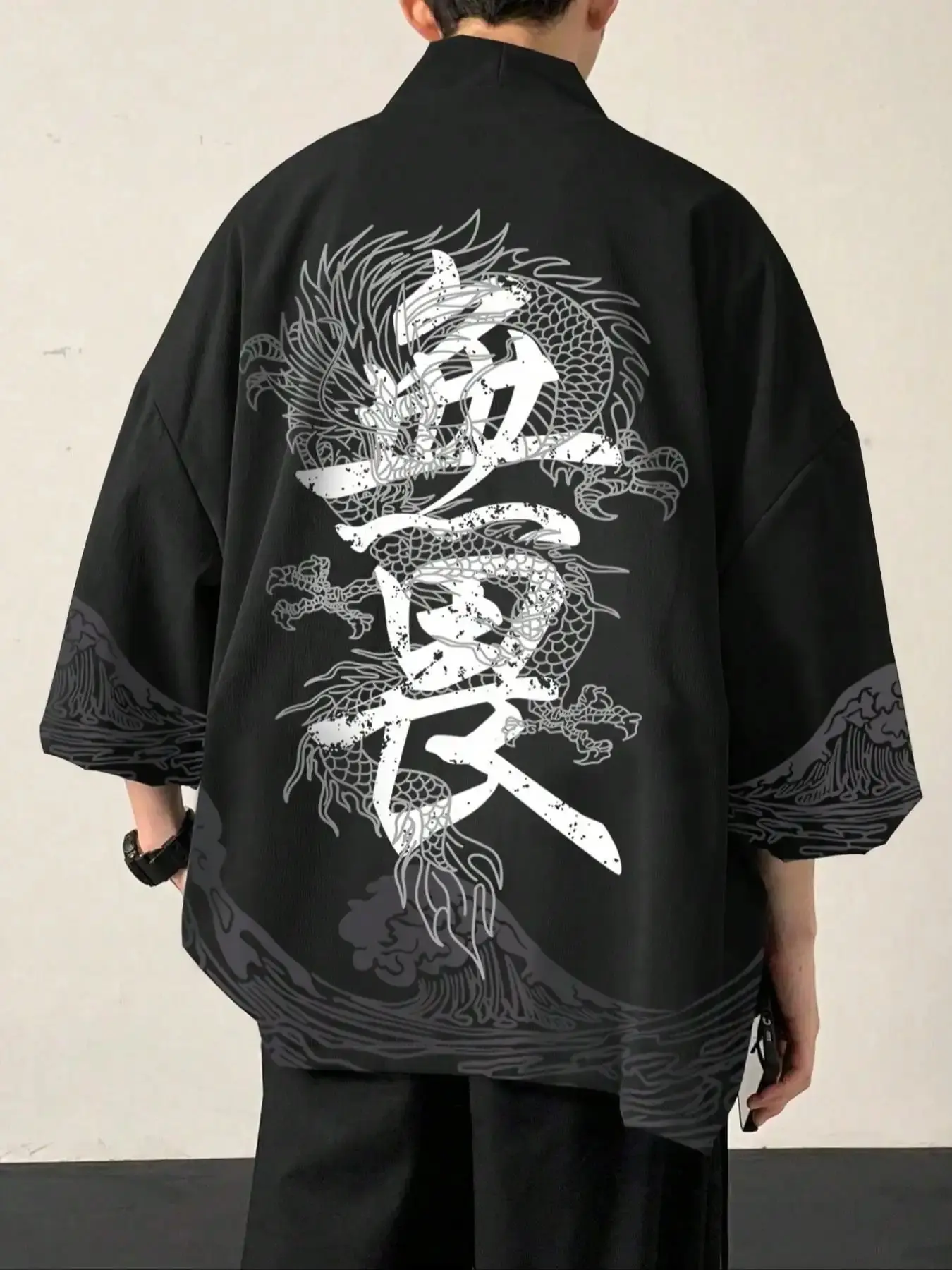 Men's Dragon & Chinese Character Print Drop Shoulder Kimono, Regular Fit Casual Three Quarter Length Sleeve Open Front Outerwear for Daily Wear, Clothes for All Seasons, trendy style, wardrobe staple, must have item