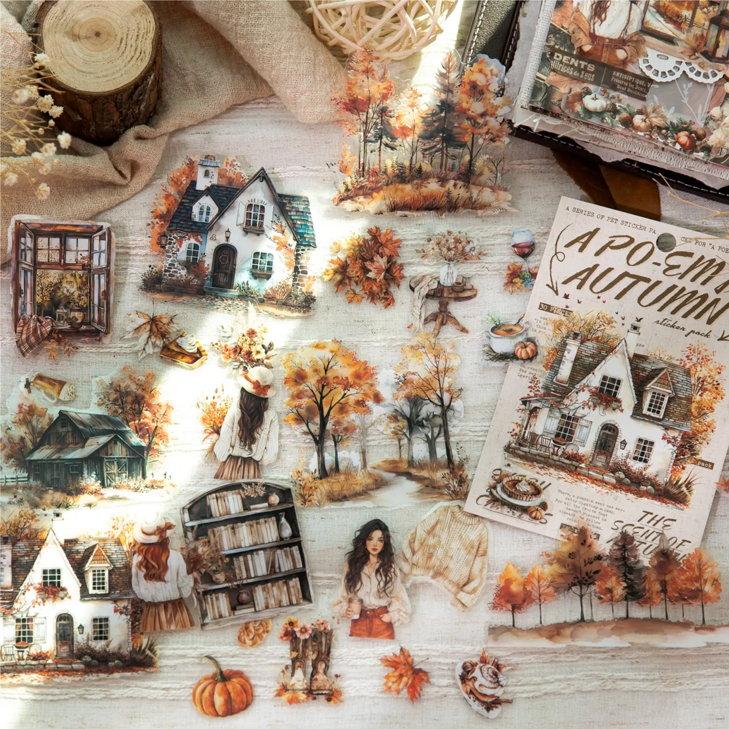 30 Sheets/bag Sticker Pack, Pet Material, Autumn Poem Series, Fall Theme Handmade Stationery Water Bottle Multi-Scene Decorative Stickers Scrapbook Materials Scrapbooking, Decoration Sticker
