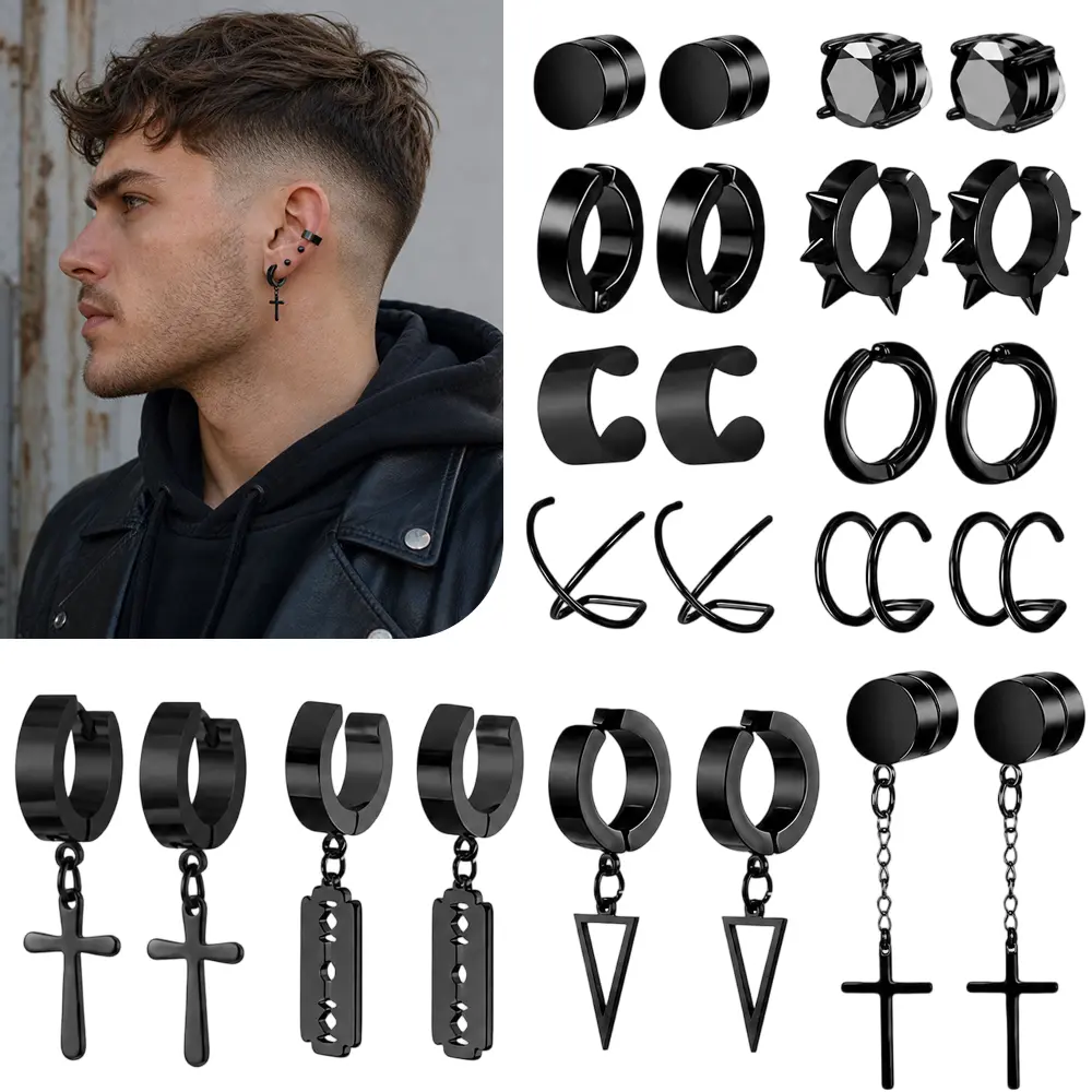 12 Pairs Clip on Earrings for Men Cross Dangle, Black Fake Earrings | Non-Pierced Earrings, Stainless Steel, Punk Cross Chain Dangles, Huggie Hoop Styles, Clip on Hoop Earrings