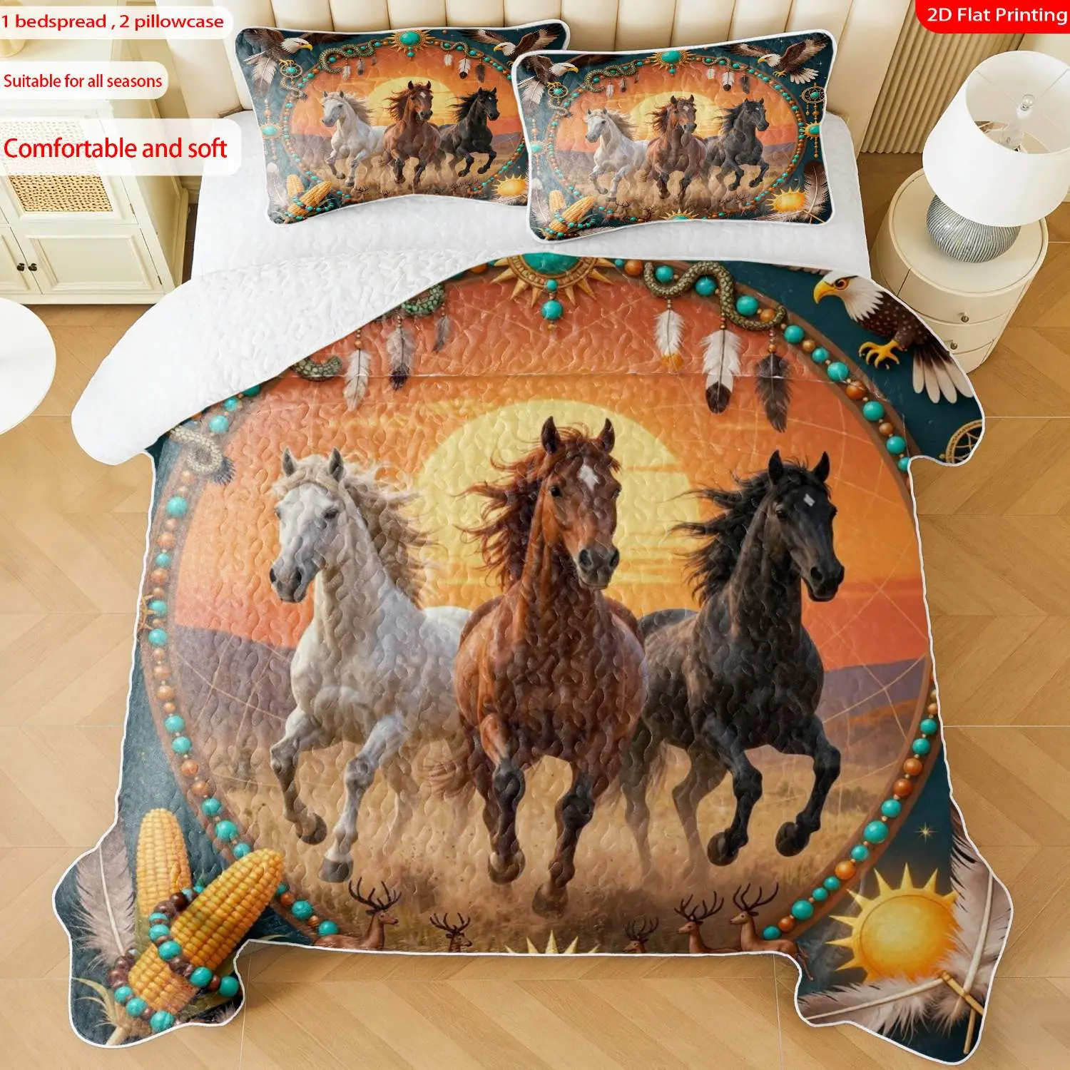3 pcs, 2D Flat Print Native American Horse & Eagle Themed Boho Bedspread Set, Soft and Comfortable, Multiple Sizes Available, Suitable for Gifting and Daily Use, Ideal for Creating a Cozy Home Atmosphere(1 bedspread , 2 pillowcases)