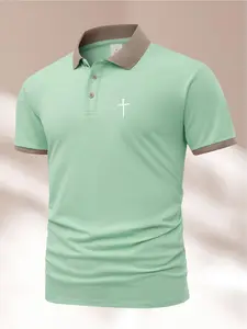 Men's Cross Print Polo Shirt, Regular Fit Casual Short Sleeve Collared Top for Summer, Fashion Men's Clothes for Daily Wear, Tropical