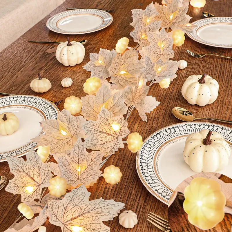TURNMEON 2-Pack Plastic Fall Maple Leaf Light Garland - 40 LEDs, 14.4Ft, 3D Pumpkin Decorations, Decorative Lights for Front Porch, Holiday Party, Party Table Decor, Festive Home Decoration & Ornaments