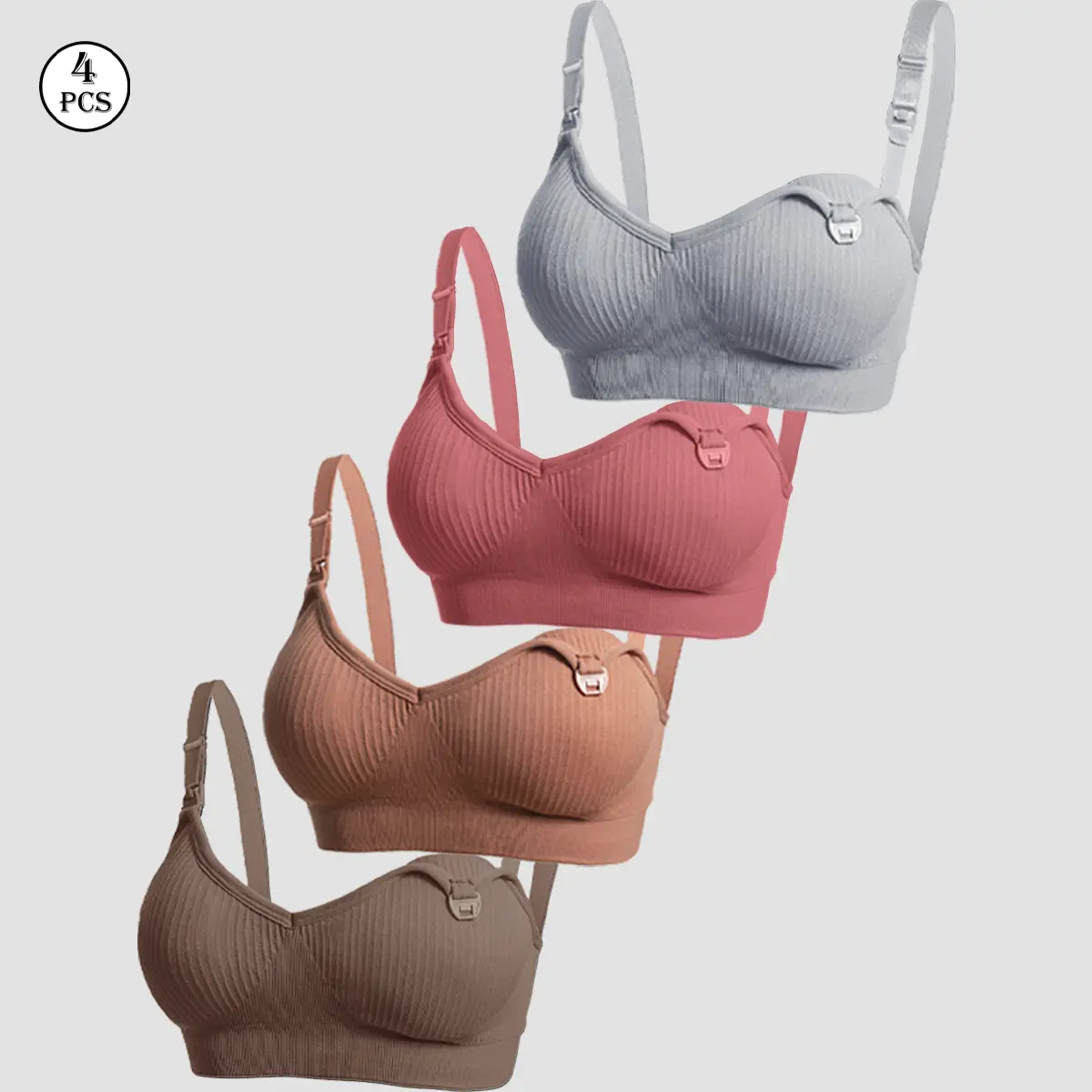 4 PCS Nursing Bras with One-Handed Clasp for Breastfeeding, Ribbed Maternity Wireless Bras, Adjustable Straps, Maternity Supplies, All Seasons