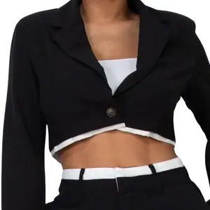 Contrast Detail Solid Crop Jacket- Waist Blazer Womenswear Lightweight Blazer