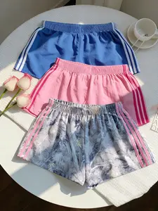 3-Pack Summer Sporty Fashion Solid/camo Print Side Stripe Casual Shorts, Elastic Waist, Loose-Fit, Daily Wear Women's Bottoms