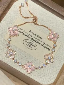 Women's Four-Leaf Clover Bracelet with Sparkling Quartz, Adjustable Allergy-Free Waterproof Design, Rose Option Available, Charm Bracelets