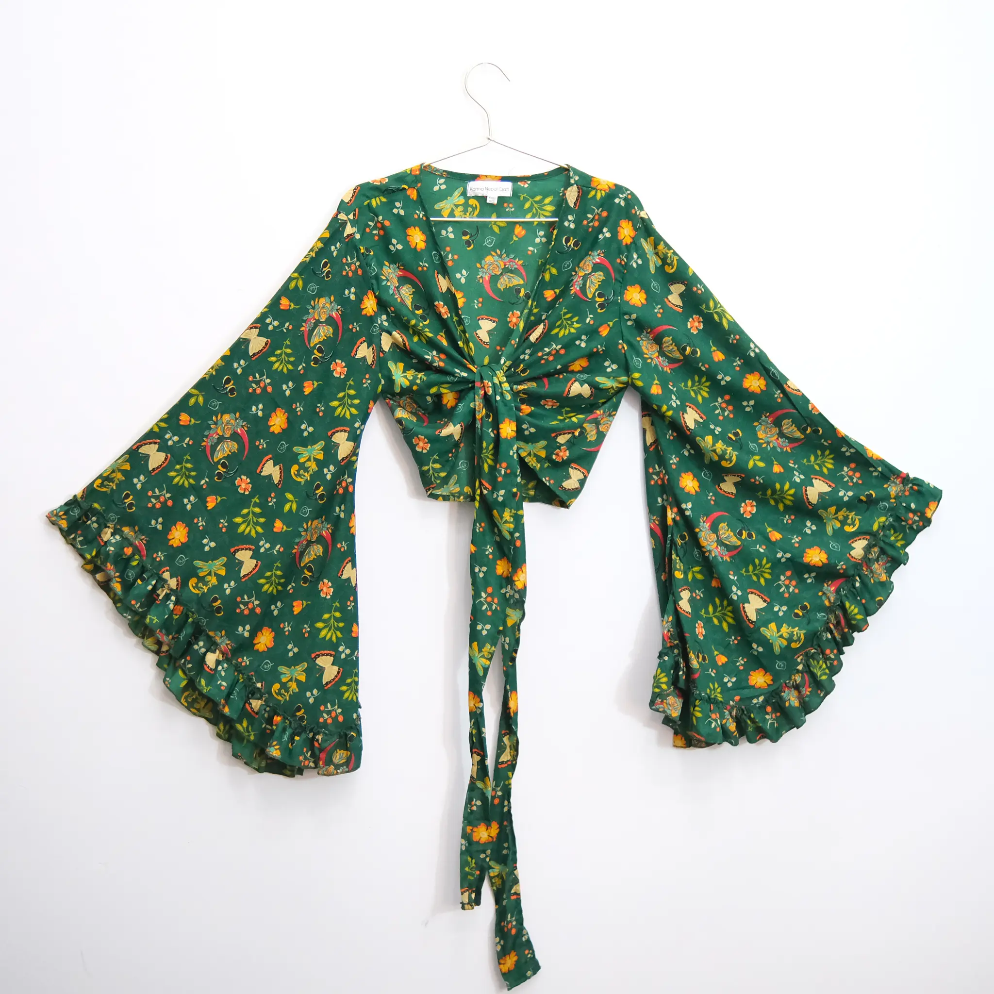 Boho Butterfly Floral Wrap Top Tie Front Bell Sleeve Ruffle Blouse, Fairycore Flare Sleeve Top Boho Butterfly Floral Wrap Top Tie Front Bell Sleeve Ruffle Blouse, Fairycore Flare Sleeve Top