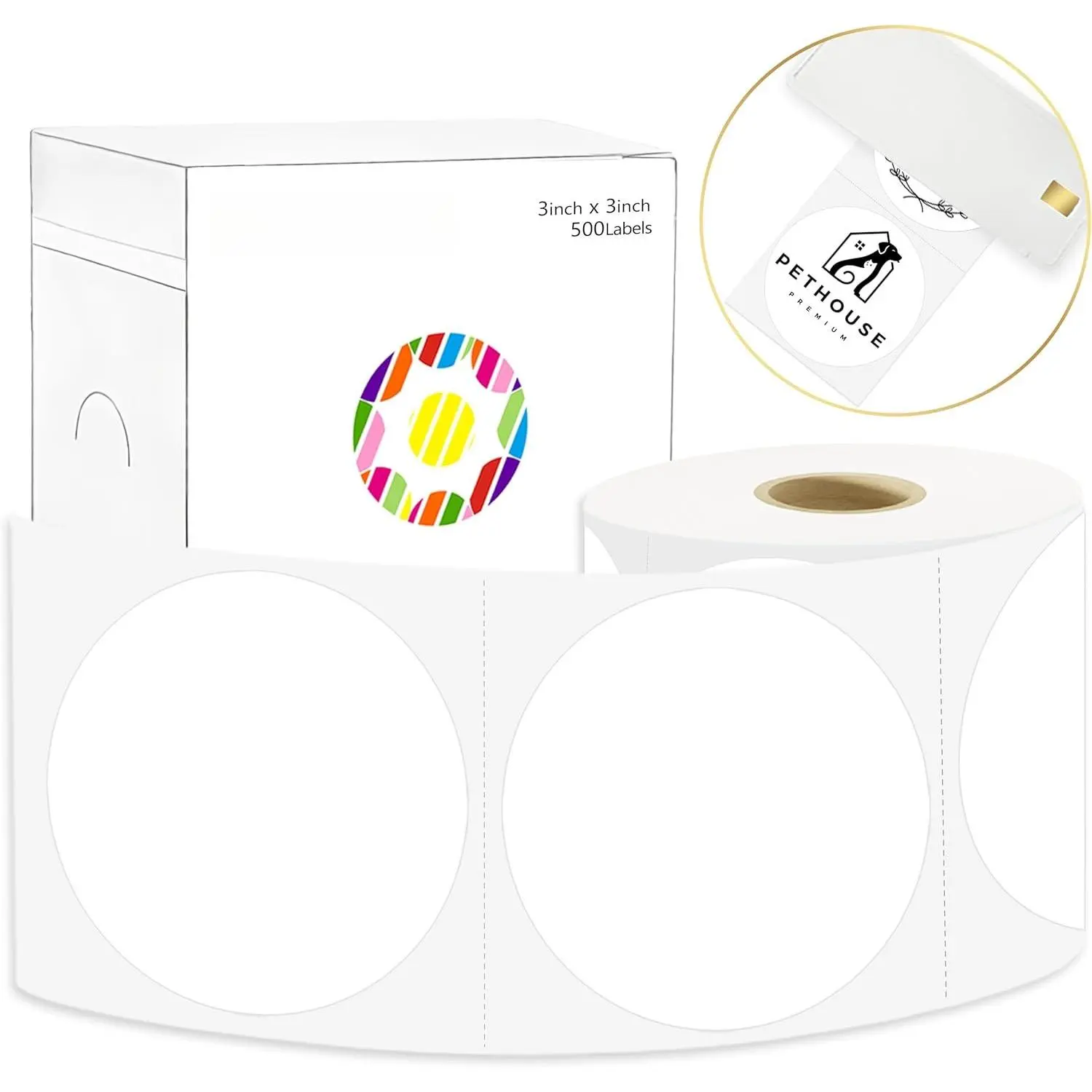 3 X 3 Inch Round Thermal Labels Circle Color Coding Labels Printable  500 count Round Stickers Adhesive Writable for Office, , Garage, DIY Sticker, Barcodes, Name Tag, White