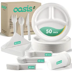OasisSN 300Pcs Sectional Paper Plates Set Compostable Bagasse Utensils Eco Friendly Heavy-duty Dinnerware Kit 50 Biodegradable 9inch Sectional Plates,Forks,Knives,Spoons,Cups,napkins Paper Plates for Birthday Party Camping