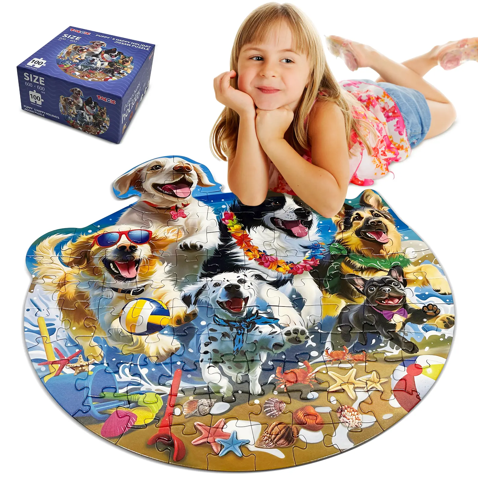 100PCS Kids Round Floor Puzzle - Dog Beach Theme Jigsaw Puzzle,Safe Non-Toxic Educational Toy for Toddlers Preschool Boys Girls Ages 4-8, Family Game Gift Wooden Jigsaw Puzzle