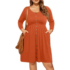 Holipick Women Plus Size Fall Dresses Long Sleeve Casual Button A line Short Tunic Mini Dress Winter Cute Cotton Pockets Swing Dress  SwimWeek  summervibes