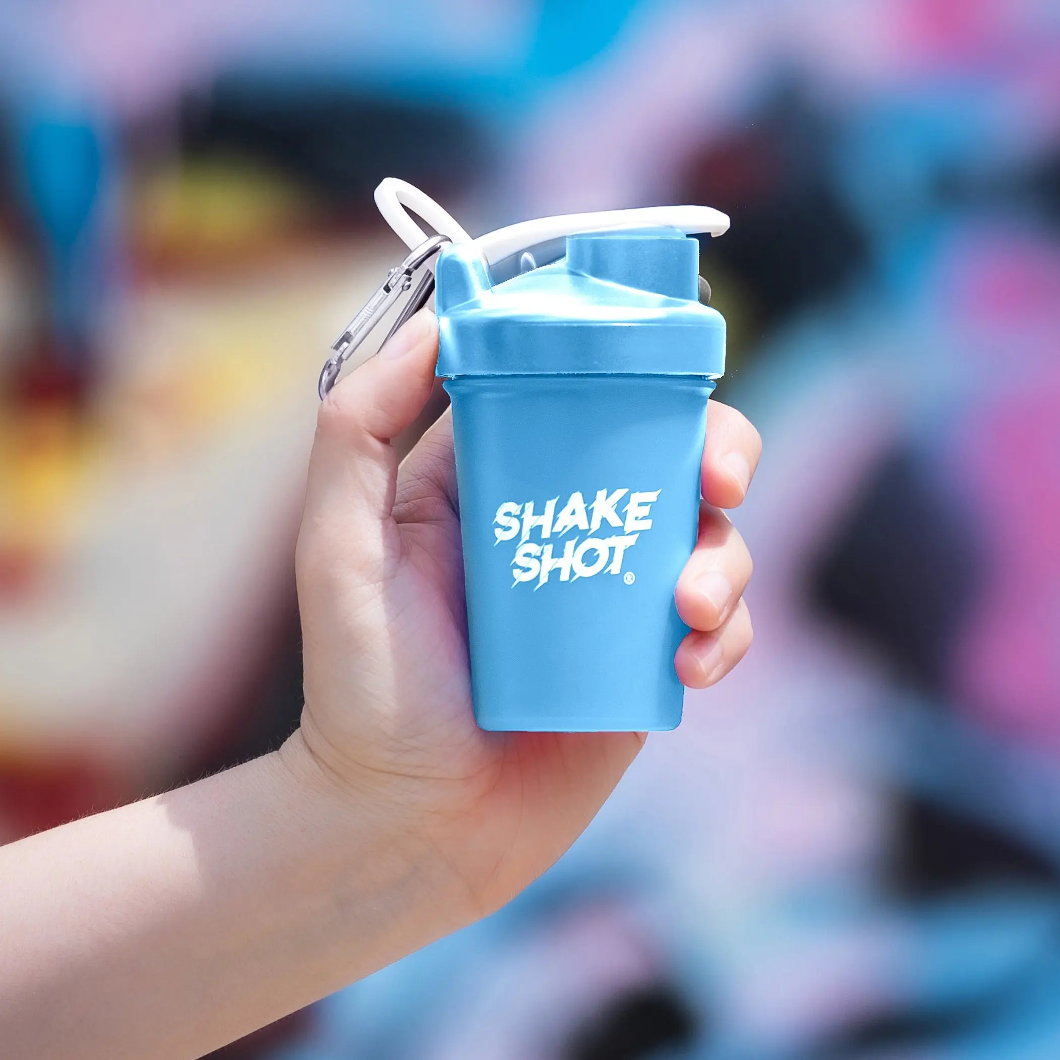 Shake Shot 4 oz Blue Mini Pre-Workout Supplement Bottle with Shaker Ball, Clip for Gym Bag, Ideal for Workout and Sports Use, Workout Water Bottle