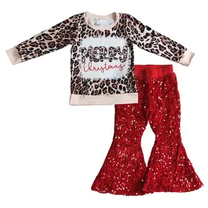 Kids Girl Christmas Clothing Set Leopad Sequin Bell Bottom Outfit Christmas Gift