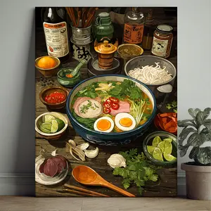 1-piece set, framed, [2D flat] fun comic-style Vietnamese food poster, Vietnamese pho poster, Vietnamese-themed print, dining table food decoration painting, kitchen poster, kitchen decoration, food poster, 2D flat