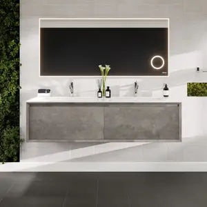 Aurora 60 in. Concrete Gray Wall Mount Double Sink  Bath Vanity with Carrara Quartz Top and Undermount Porcelain Sinks