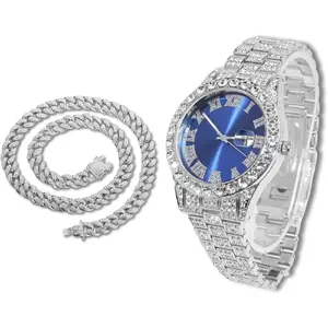 Diamond Watch for Men Guys Iced Out Green/Blue/Red Dial 18MM Wide Wristband 18k Real Gold/White Gold Platinum Plated, with Cuban Link Chain Set Optional, Gift for Boyfriend Husband
