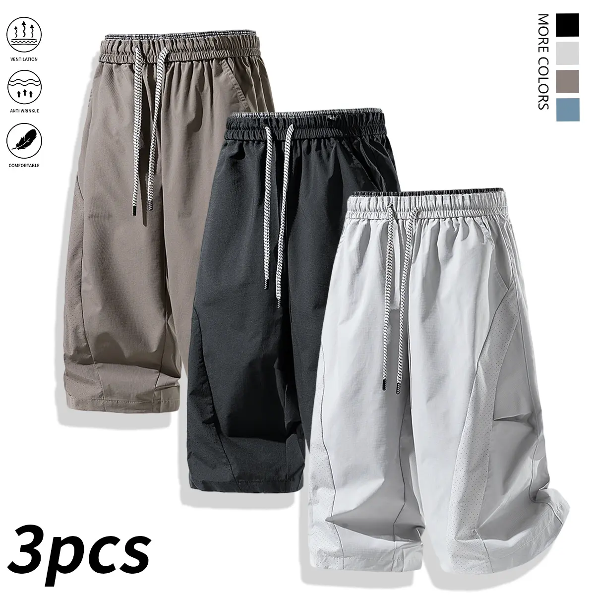 3-piece set: men’s casual athletic capris with breathable mesh, suitable for summer outdoor hiking, camping, everyday wear, and parties; men’s summer clothing