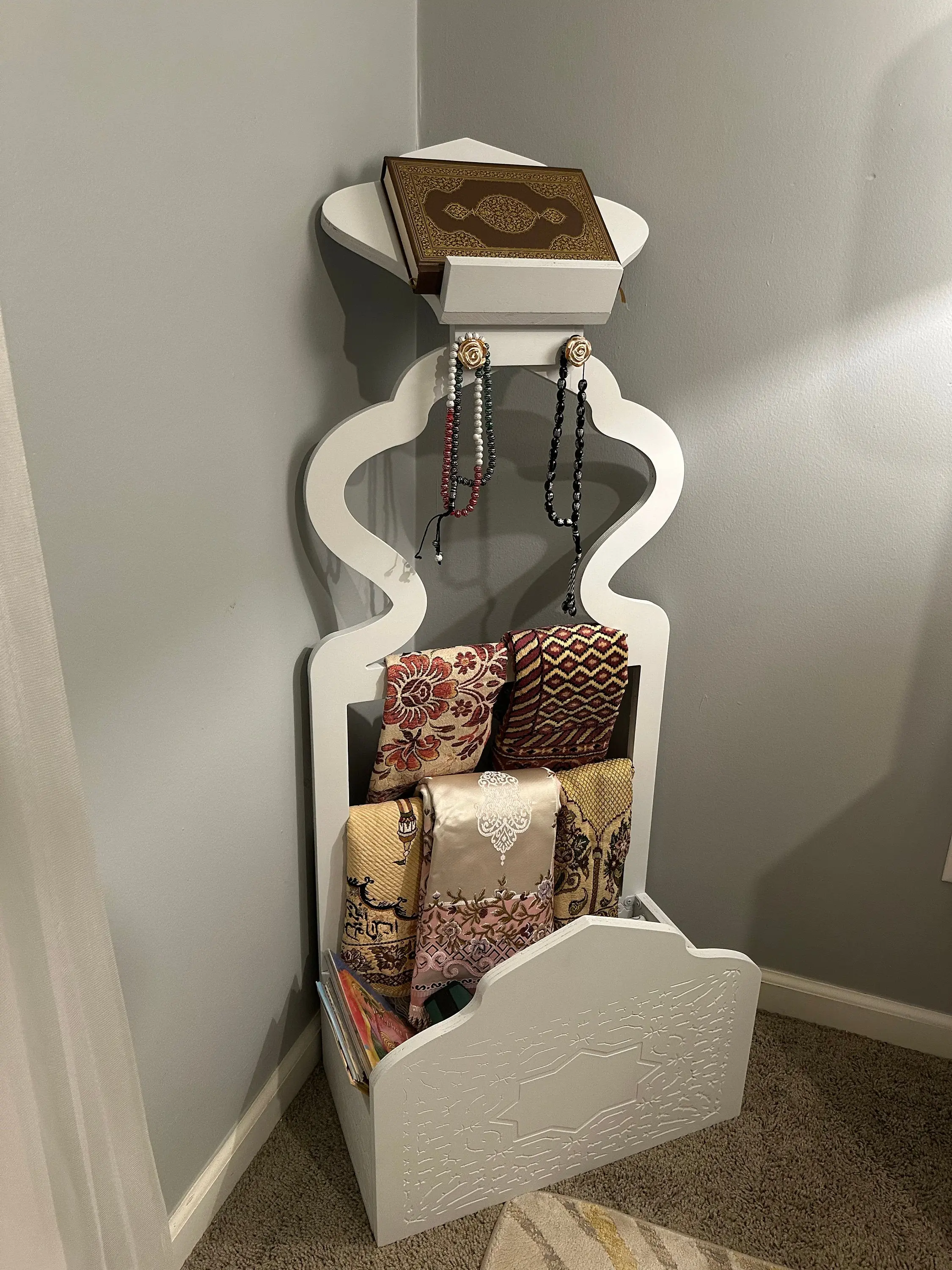 Islamic Prayer Stand with Quran Holder | Trending Muslim Home Decor | Handmade Wooden Prayer Shelf Organizer