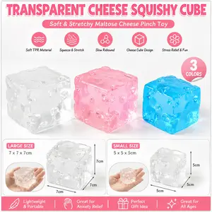 Transparent Cheese Squishy Cube Toy, Soft TPR Maltose Stress Relief Squeeze Toy, Slow Rebound Fidget Toy for Kids Teens Adults, Cute Clear Pink Blue Cheese Block Desk Toy, Party Favor Gift