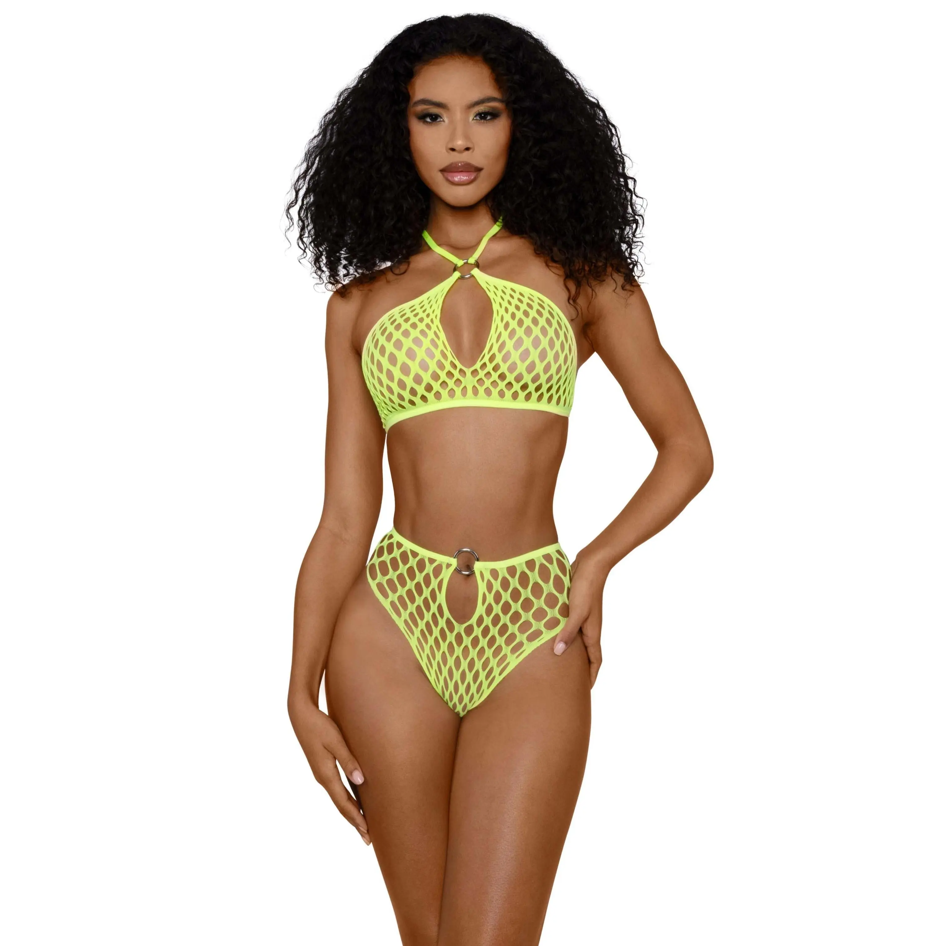 Neon Yellow Net Halter Lingerie Set
