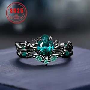 925 Sterling Silver Elegant Gothic Black Ring with Synthetic Jadeite Grape Pear Design, Birthstone, Christmas Theme, Suitable for Daily and Party Occasions, Seasonal Jewelry Gifts exquisite body jewelry popular woman friend bracel