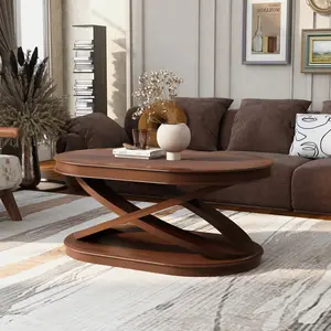Solid Wood Coffee Table with X-Shaped Base,44 Inch Oval Cocktail Table with Open Storage, Sofa Center Table for Living Room, Home Office, Walnut