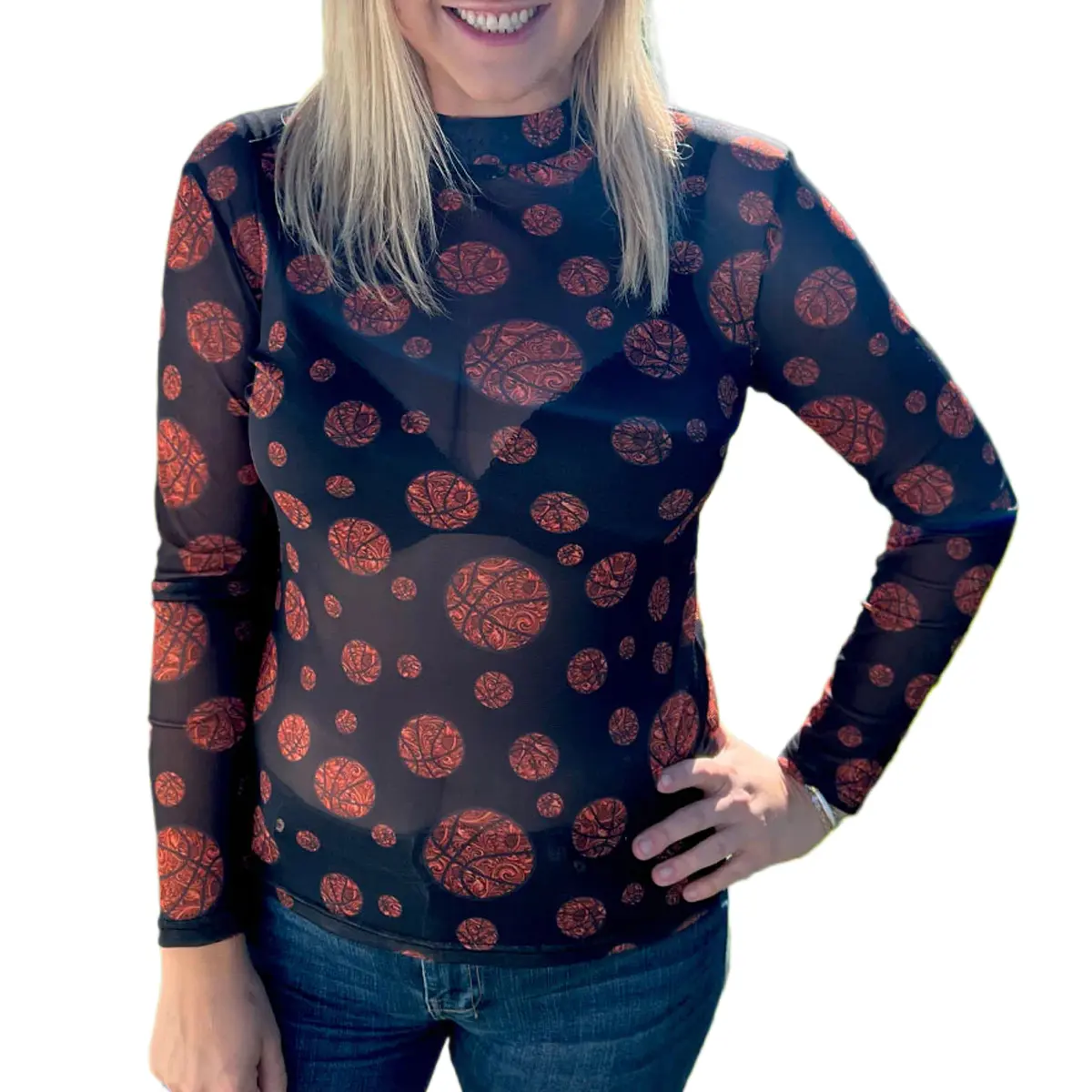 Znacicc Women's Trendy Black Sheer Mesh Long Sleeve Basketball Print Top Lightweight & Stretchy for Comfort Perfect for Girls Who Love Sporty Blouses - Womenswear