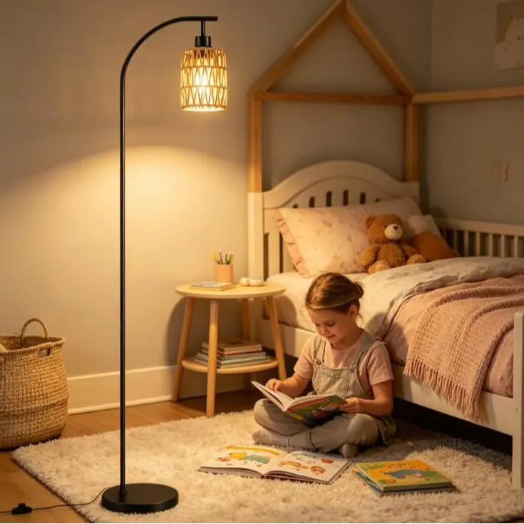 Natural Bamboo Indoor Floor Lamp with Metal Trim, Footrest Multiple Adjustable Lighting Modes, Stepless Dimming and Custom Color Temperature, High Brightness Bulb Included (Bulb Not Included), Elegant Floor Lamp for Bedroom Living Room