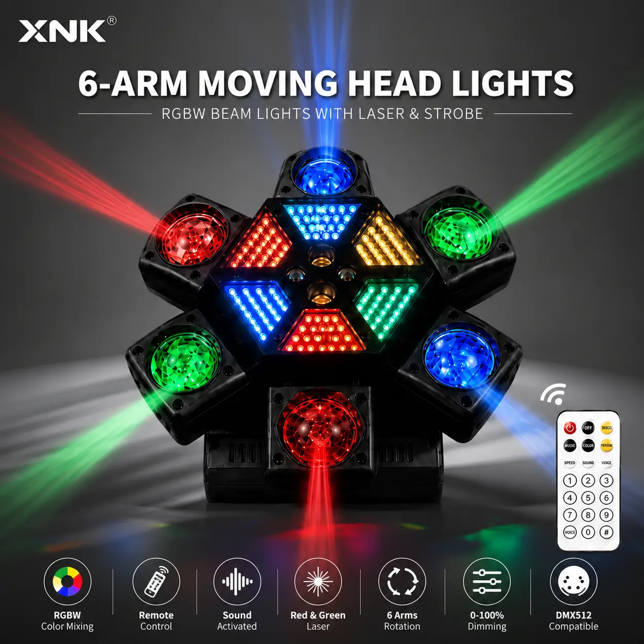 XNK DJ Party Lights, 6-Arm Moving Head Light with RGB Beam, Red & Green Laser, Remote Control, Sound Activated, DMX512 Disco Stage Light for Home Parties, DJs, Clubs & Weddings