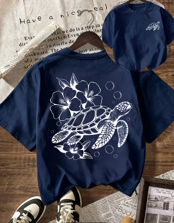 Women's Navy Blue Casual Short-Sleeve Tropical Graphic T-Shirt - Double-Sided Hawaiian Sea Turtle Hibiscus Bubble Line Print, Comfortable Garment, Everyday Tops for Beach Vacations, Shortsleeve