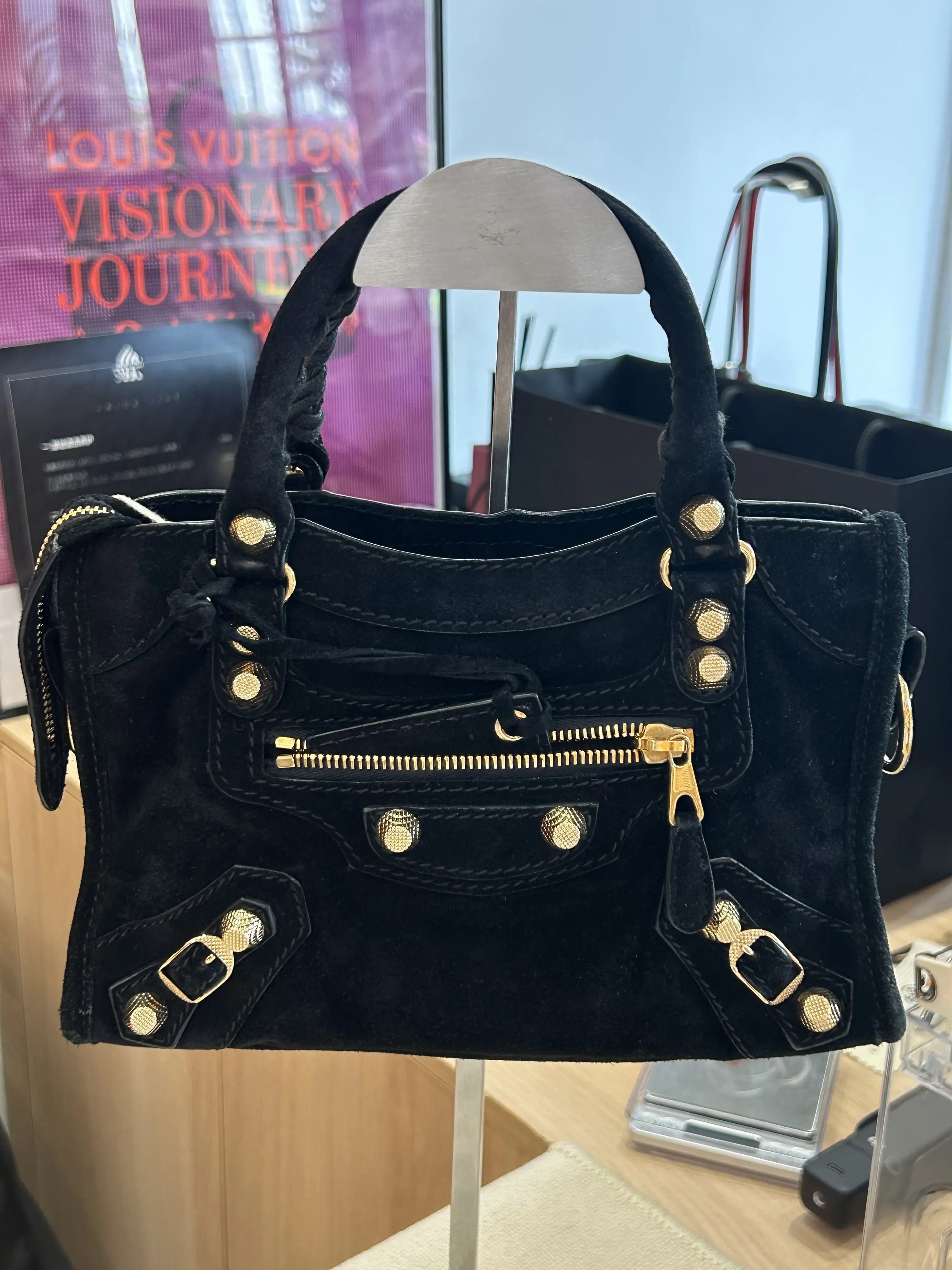 Pre-owned Balenciaga City Mini Black Suede Gold Hardware Moto Handbag