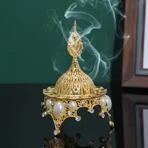 Luxury Golden Metal Incense Burner with Pearls & Crystals, Elegant Golden Aromatherapy Decor for Bedroom, Office, Spa & Cozy Evenings