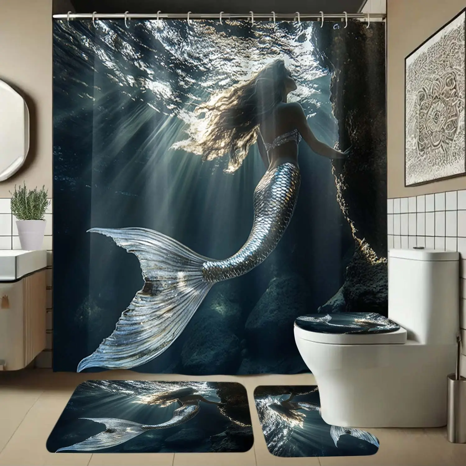Mermaid Pattern Bathroom Set, Includes Soft Shower Curtain, Bath Mat, Toilet Seat Cover, Elegant Decor, 1/4 Piece Set