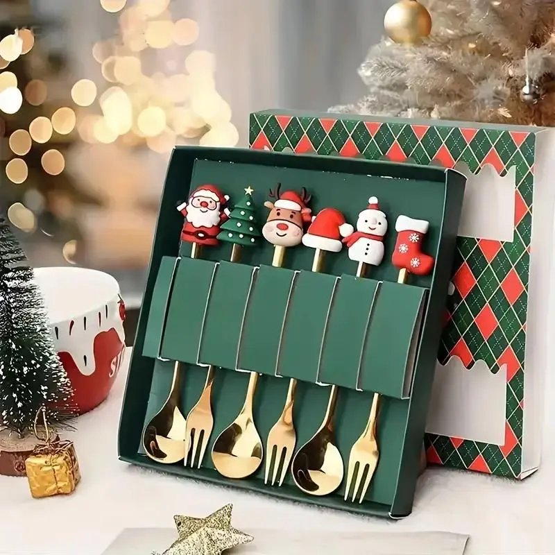 6-Piece Stainless Steel Spoon Set with Cute Cartoon Characters, Perfect for Holiday Parties and Christmas Celebrations, Spoons Set