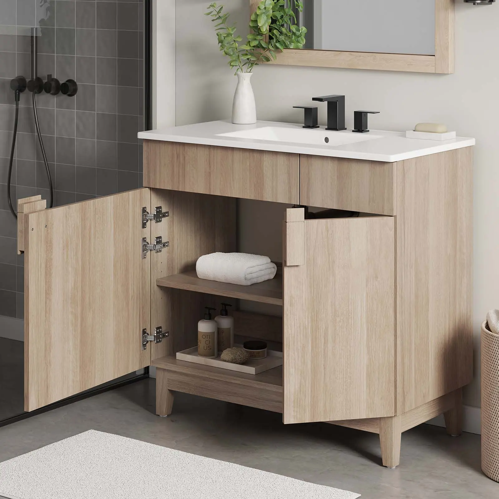Modway Miles 36” Bathroom Vanity in White Oak