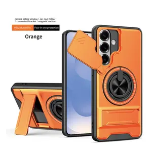 For Samsung Galaxy S26 Ultra S25 S24 S23 S22 Ultra Plus A36 A35 A16 A15 Phone Case with 360 ° Rotation Magnetic Ring Compatible with MagSafe Slide Camera Cover Foldable Stand Military-Grade Shockproof Protective cases (Orange, iPhone 17 Pro Max)
