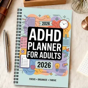 1-Pack Adult Women's Aesthetic ADHD Planner Notebook - Spiral-Bound Neurodiversity Productivity Workbook with Daily To-Do Lists, Task Sticky Notes, Colorable Checklists, and Visual Schedules - Focus Journal with Clock, Stars, and Checklists