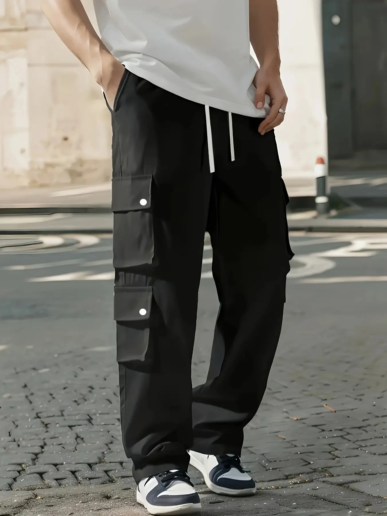 Men’s multi-pocket straight cargo pants with elastic waistband, white drawstring, loose wide leg, casual streetwear trousers