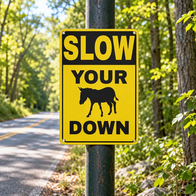 American Retro "Slow Your Donkey Down" Hilarious Pun Metal Sign - Hanging Yellow Traffic Tin Plaque, Country Rustic Sarcastic Animal Wall Art Decor, Easy-Mount Home Decor Item for Garage Gag Gift