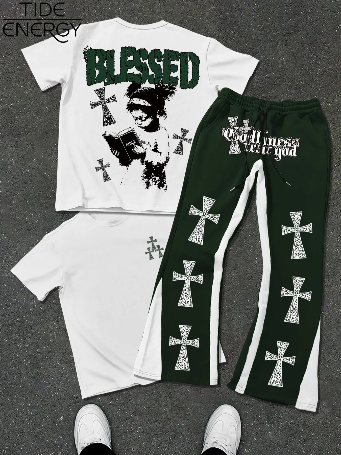 Men's Blessed Cross Print Two-Piece Set, Religious Streetwear Style, T-Shirt with Reading Child and Godliness Slogan, Leopard Print Pants