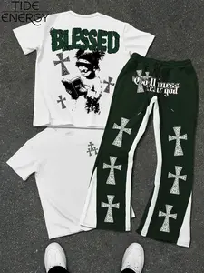 Men's Blessed Cross Print Two-Piece Set, Religious Streetwear Style, T-Shirt with Reading Child and Godliness Slogan, Leopard Print Pants