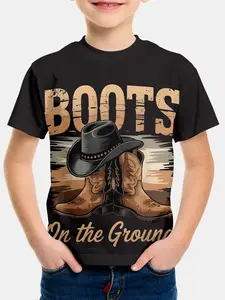 Western Cowboy Digital Print T-Shirt, 100% Polyester, Fashion Casual Kids Clothing, Perfect Gift for Boys, Outdoor Sports