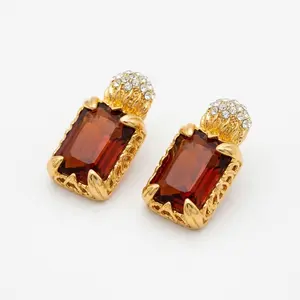 Unisex Vintage Retro Brown Resin Stud Earrings - Antique Bronze Rectangle Design with Resin Stones, Old Money Aesthetic Daily Wear Costume Jewelry, Chic Gift for Her