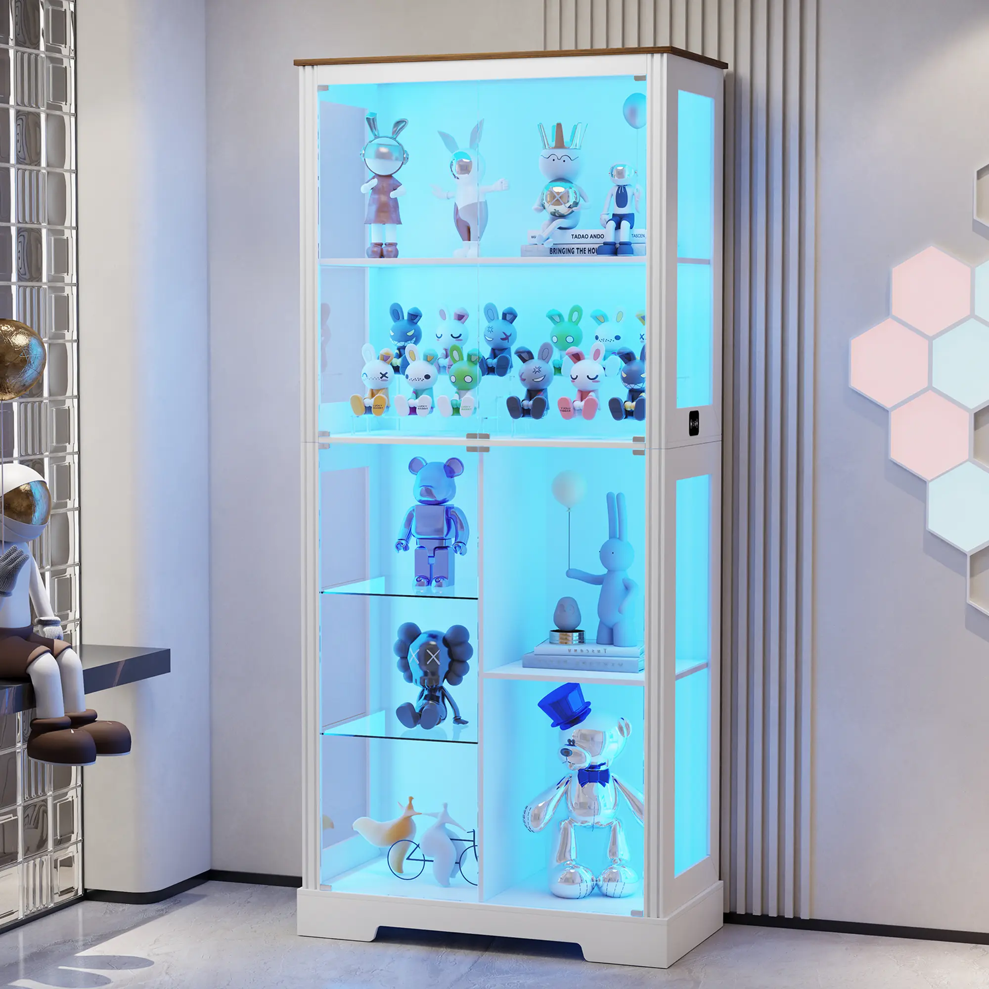 Vlsrka 71” Display Cabinet with Glass Doors, Modern Curio Cabinet with 3 Color Lights, 7-Tiers Glass Display Cases for Collectibles, Tall Lego Storage Cabinet with Human Body Sensor,