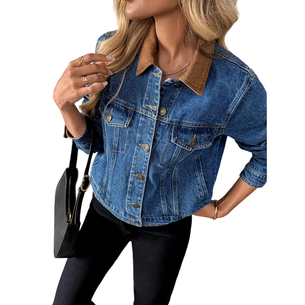 Color Block Denim Jacket For Women Vintage Oversized Trucker Jacket With Contrast Collar 90s Retro Casual Spring Fall Outerwear Plain Design