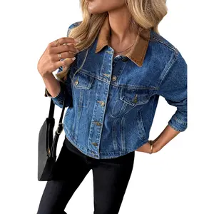 Color Block Denim Jacket For Women Vintage Oversized Trucker Jacket With Contrast Collar 90s Retro Casual Spring Fall Outerwear Plain Design