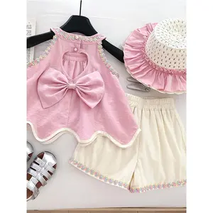 Girls' Summer Backless Heart-Shaped Hollow-Out Bowknot Suspender Lace Collar Irregular Sleeveless Vest Short Casual Set with Hat for Outdoor