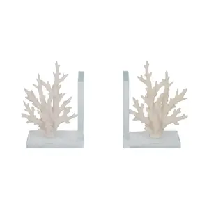 212 MAIN Decorative Book Ends, 7 in. White Polyresin Coral-on-Glass Design, Realistic Ocean-Themed Office Desk Organizer