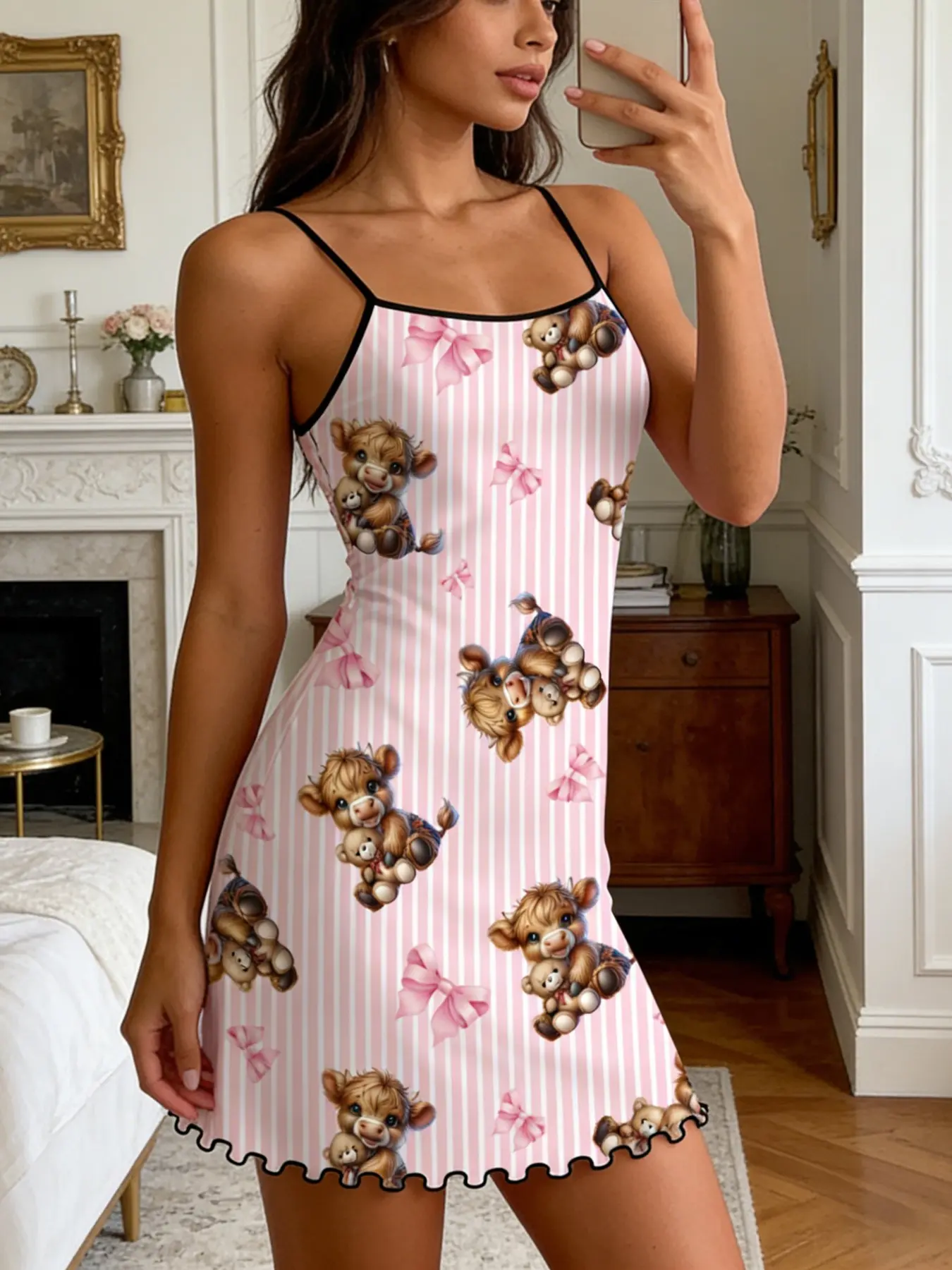 Striped Highland Cow Print Halter Nightdress, Ruffled Hem, Lightweight Breathable, Casual Everyday Summer Sleepwear, Loungewear, Home Essential