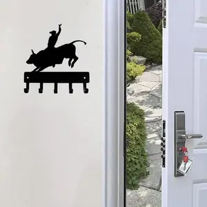 Bull Rider Pattern Wall Key Holder, 1 Count Rustic Metal Wall Mounted Hook, Key Hooks, Durable Entryway & Bathroom Organizer, Home Decor, Shelves